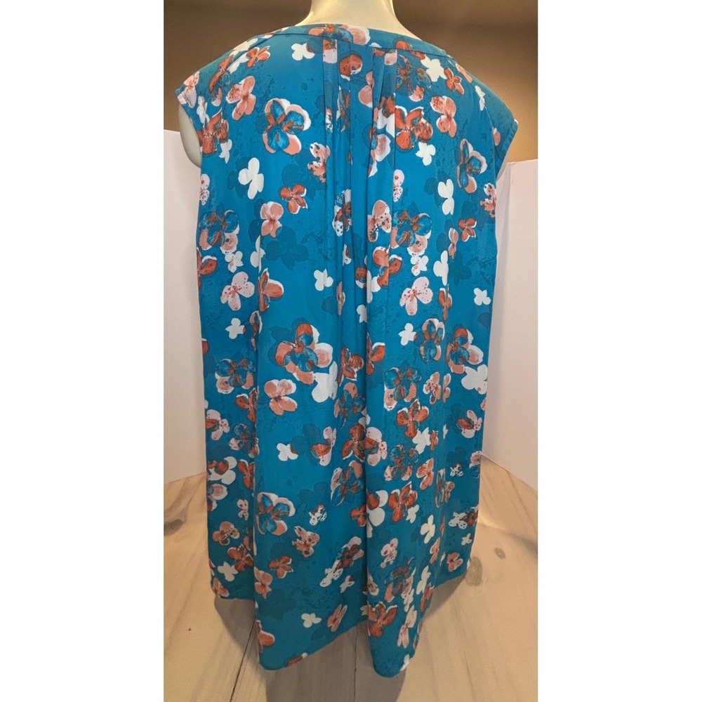 NYDJ Womens 2X Blue Floral Sleeveless Henley V-Neck Blouse Tunic Top